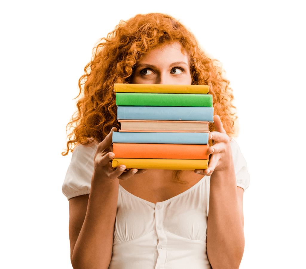 woman in white shirt holding books in front of her face